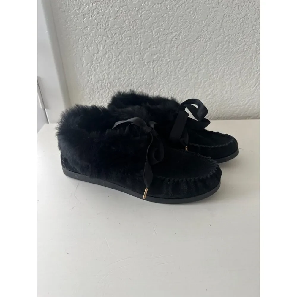 Tory Burch Aberdeen Shearling Suede Slippers Black Size 9